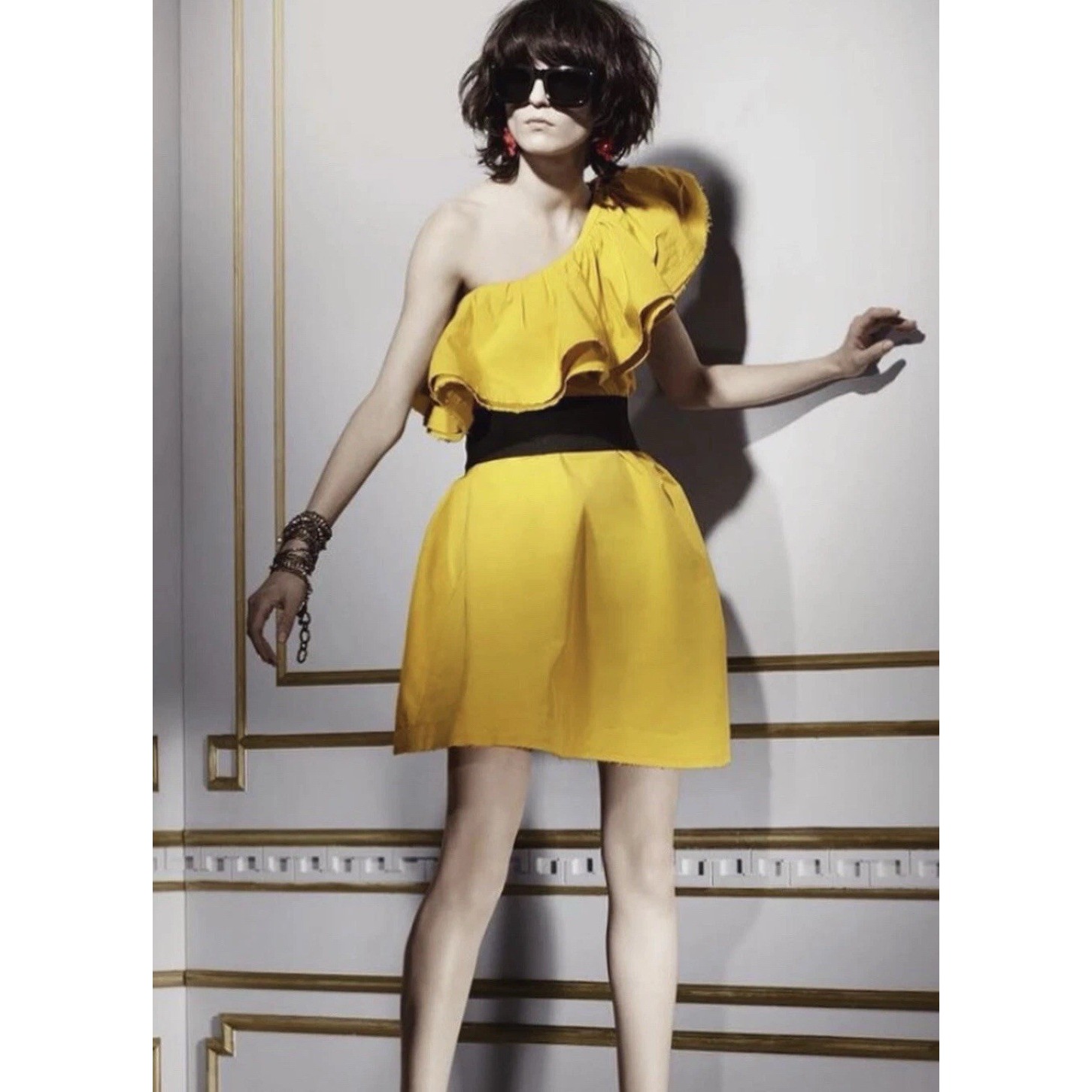 Lanvin X H&Msize 12 One Shoulder Ruffled Collar Yellow Side Zip Mini Dress Nwt